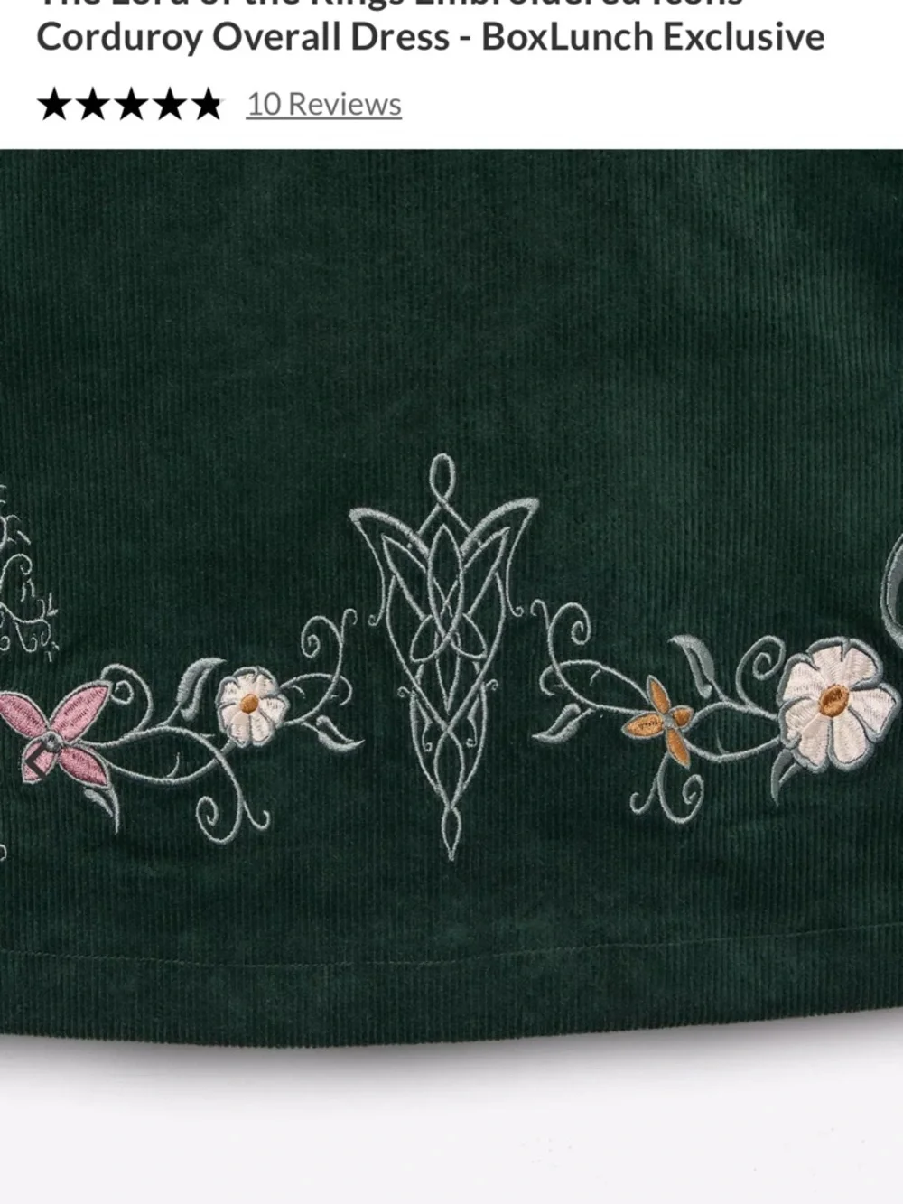 LOTR BoxLunch Embroidered Corduroy Overall Dress in Deep Green - Picture 4 of 7